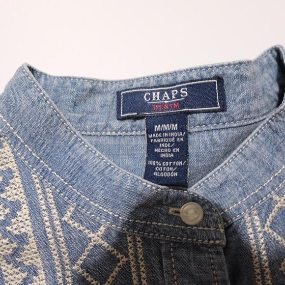 Chaps Denim Shirt Womens M Banded Collar Lightweight Button Up Shirt Blouse - Picture 3 of 6